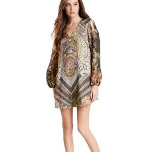Lavender Brown Artsy Minidress Womens XS Boho Lavender Batik Print Blouson Shift